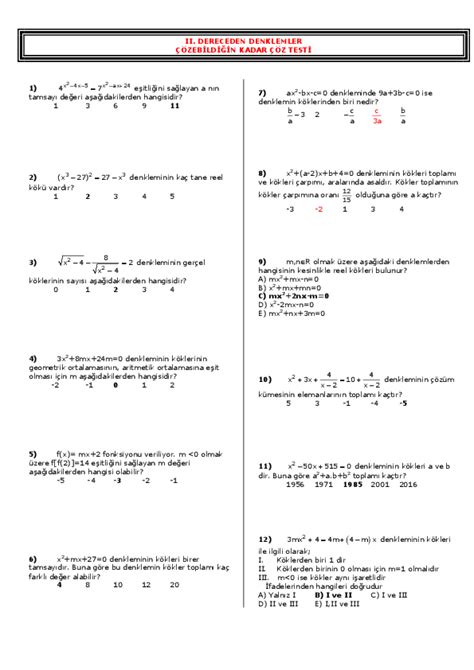 2 dereceden denklemler test pdf